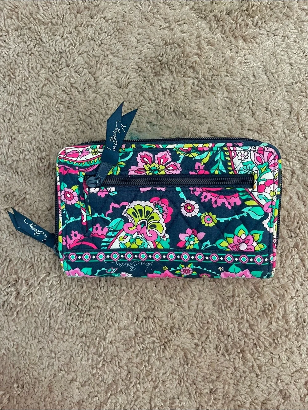 Vera Bradley Teal Navy Floral Quilted Wallet with Pink & Green Accents